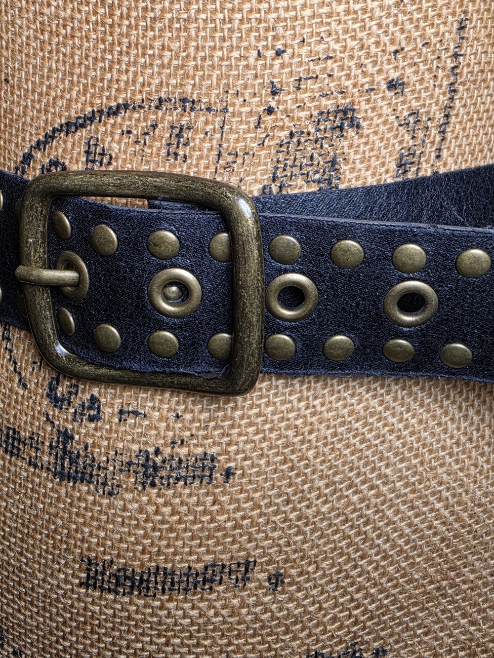 Black Studded Faux Leather Belt with Antique Brass Buckle - Picture 3 of 6
